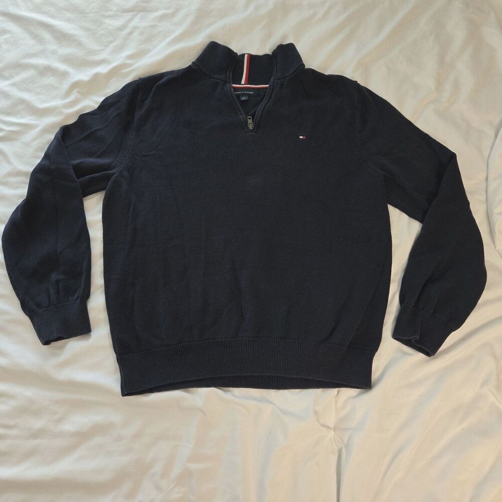 Tommy Hilfiger 1/4 Zip Neck Navy sweater Pullover 100% Cotton mock neck Size L